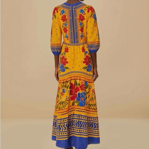 NEW FARM Rio Floral Yard Yellow Maxi Dress Embroidered Eyelet Beaded Tassel XS/S - Picture 5 of 16